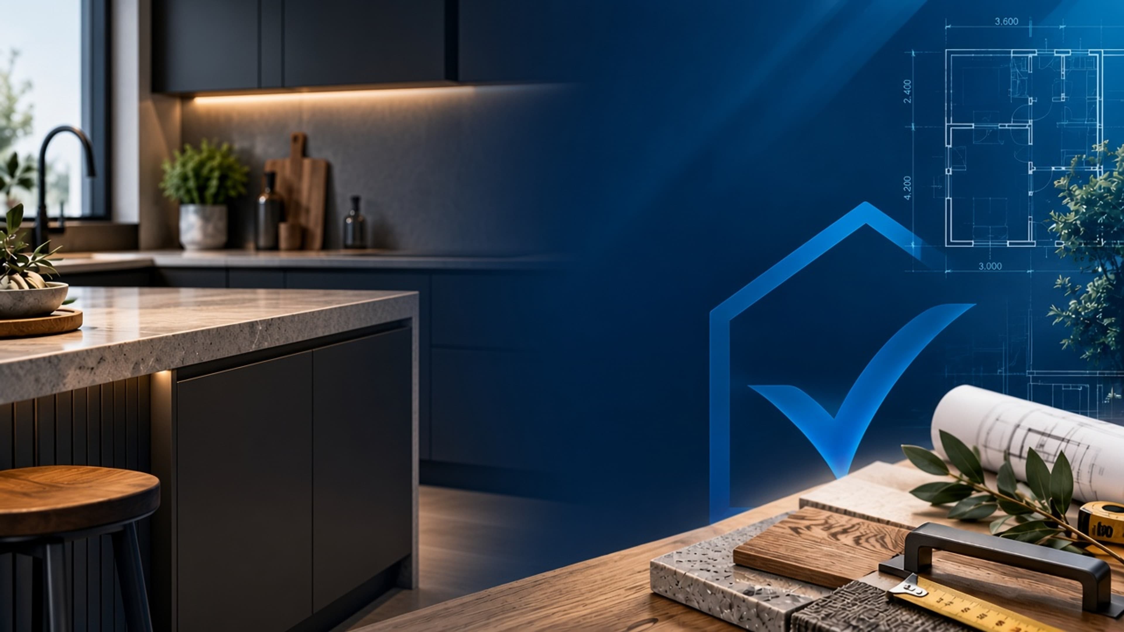 Renovering og materialer i en andelsbolig: køkken, plantegning og materialeprøver i træ og sten.