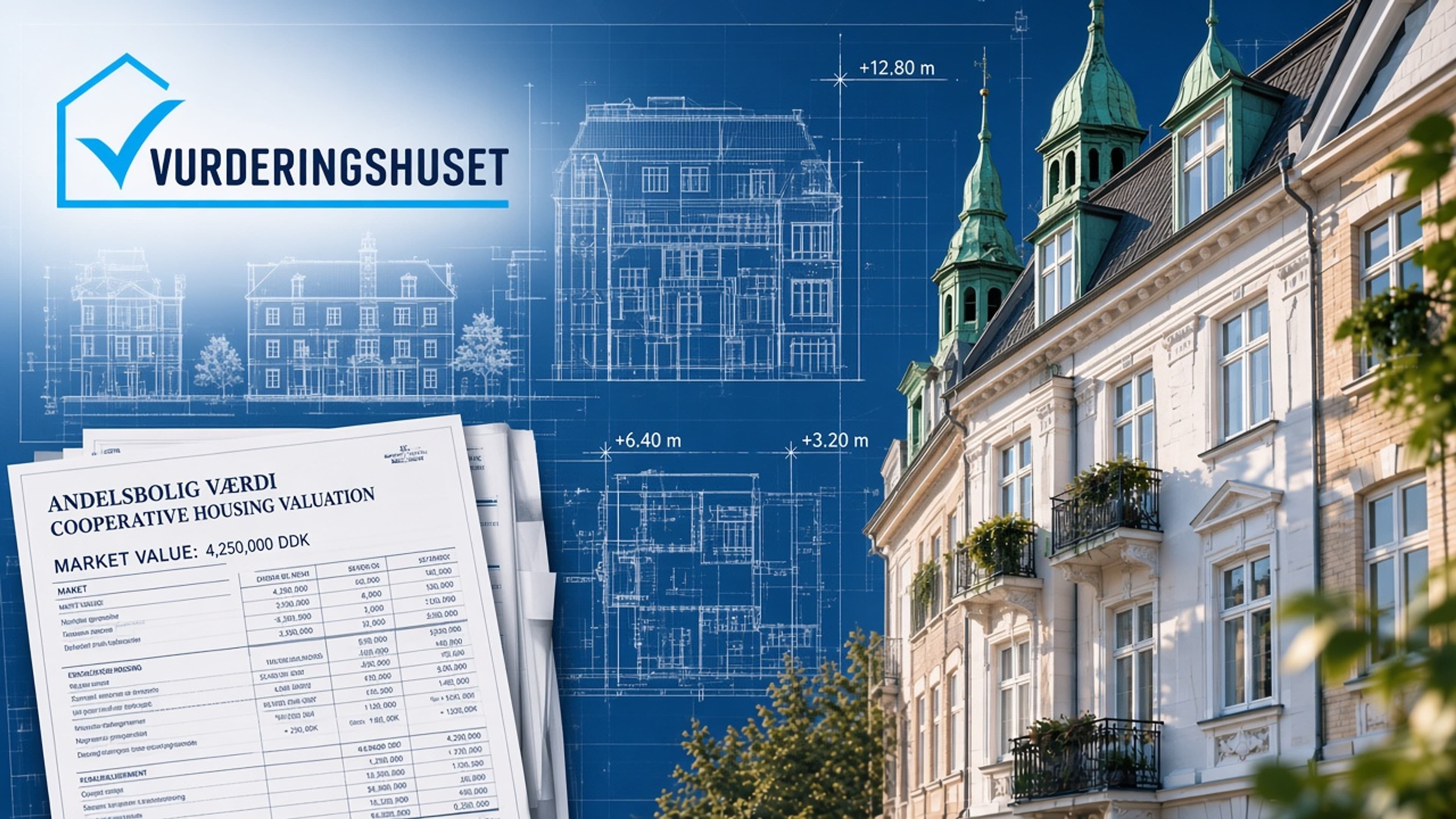 Københavnsk andelsboligejendom med arkitektoniske koter og plantegninger for maksimalprisberegning.